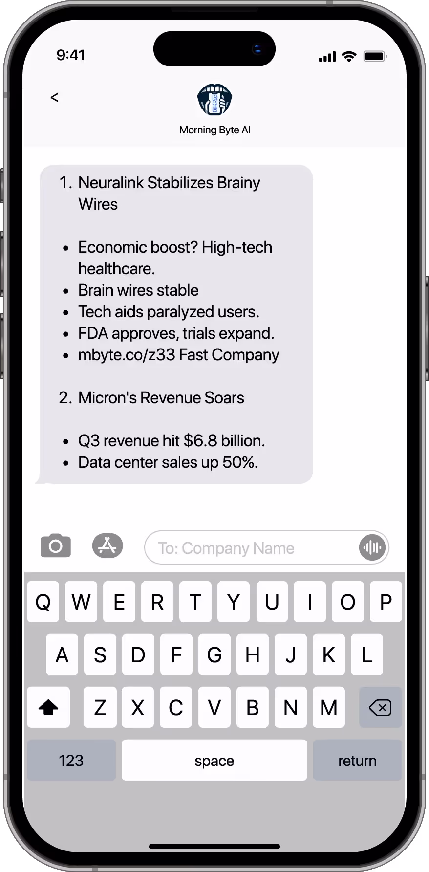 Another original Morning Byte text-message briefing on a phone